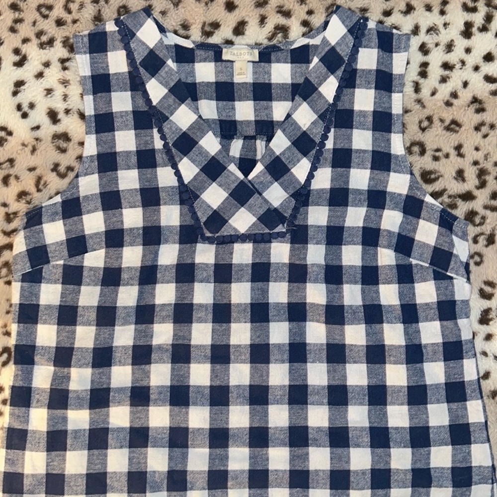Talbots Small V-Neck Sleeveless Navy/White Plaid Tank Top
